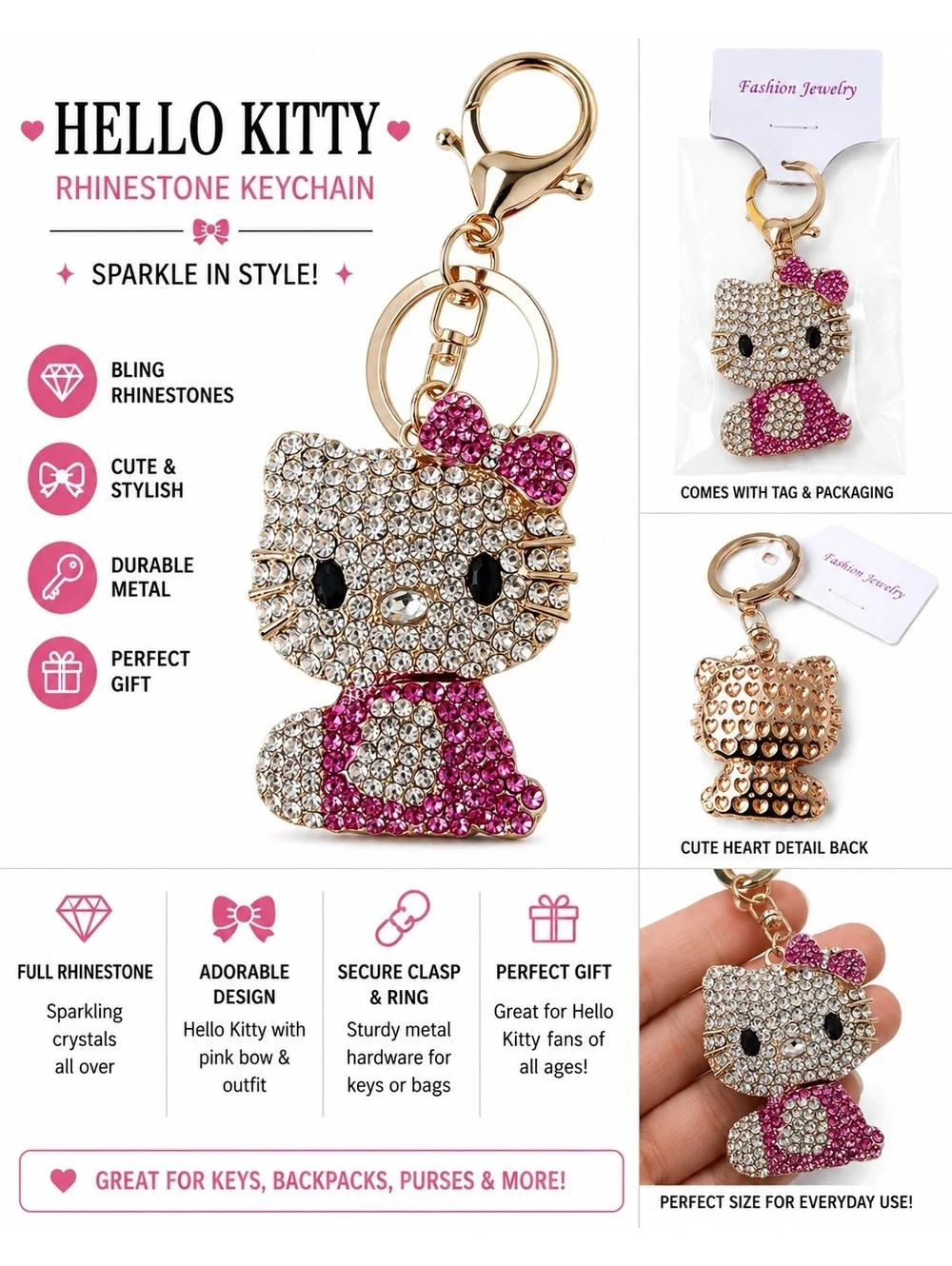 Rhinestone Hello Kitty Style Keychain Pink Crystal Cat Purse Charm Key Ring New